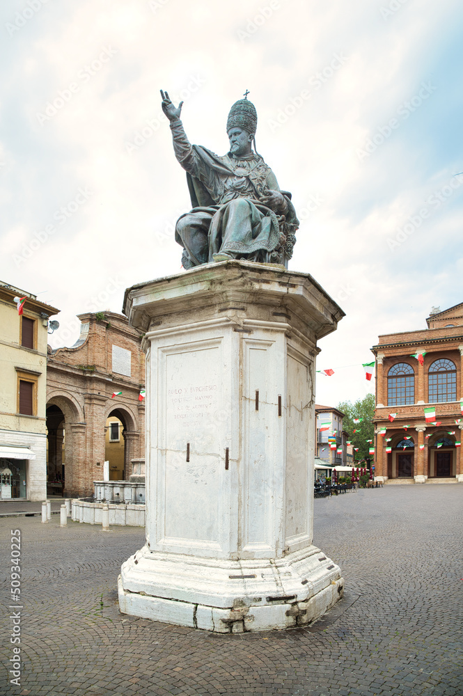 Statue of Paul V in Cavour square in Rimini Italy