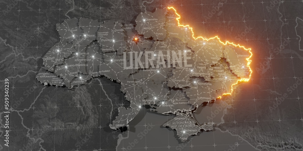 Fototapeta premium Military conflict between Ukraine and Russia. Concept map of war. cartography design. 3d render