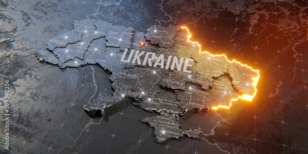 Naklejka premium Military conflict between Ukraine and Russia. Concept map of war. cartography design. 3d render