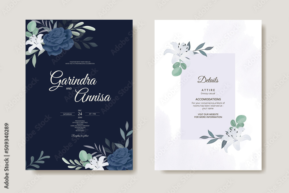  Elegant wedding invitation card with beautiful white navy blue  floral and leaves template Premium Vector