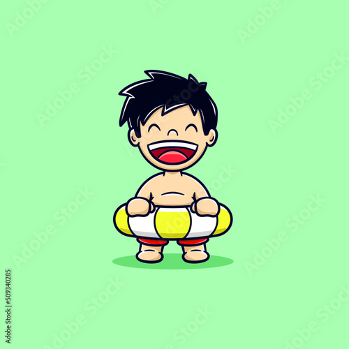 Cute boy happy wearing a swimming ball in summer cartoon