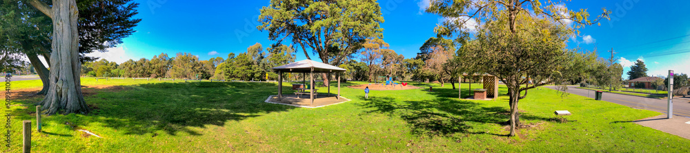 Fototapeta premium Panoramic view of a beautiful city park and playground on a sunny day