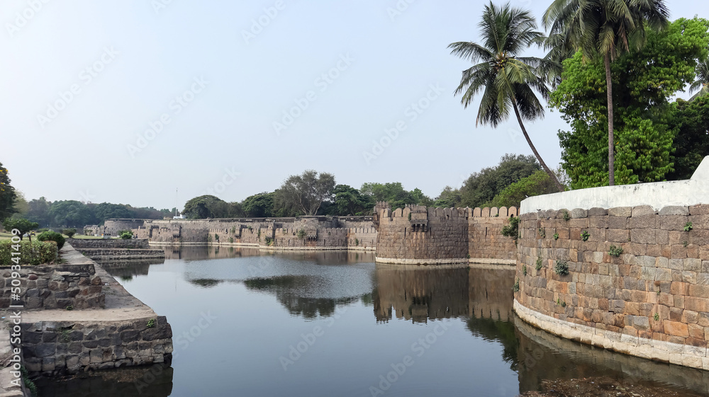 Vellore Fort walls  and moat.  Fort was built by Chinna Bommi Reddy and Thimma Reddy Nayak in 16th Century under the Vijayanagar Empire, Vellore, Tamilnadu, India.
