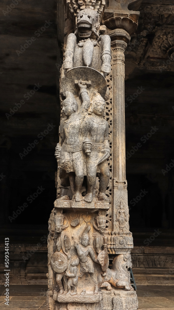 War Scene Sculptured Pillar of Vellore Fort Temple, Vellore, Tamilnadu, India.