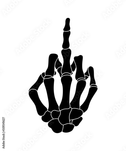 Skeleton palm with raised up middle finger. Fuck you black symbol. Human hand with bones vector illustration