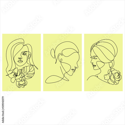 Line Art Woman Face with Flowers Continuous One Line Drawing. Female Art Print Line Drawing. Woman Face Modern Print. Minimalist Female Contour Art Design. Salon Logo. Natural Cosmetics symbol 