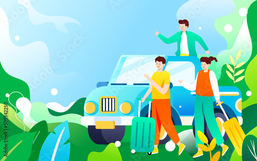 People travel in cars after vacation with various plants and buildings in the background, vector illustration