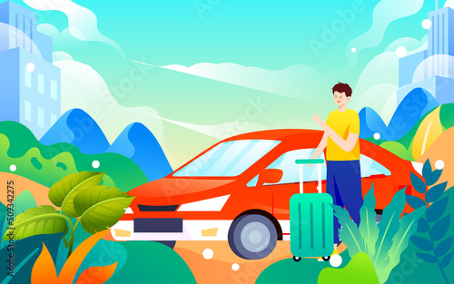 People travel in cars after vacation with various plants and buildings in the background, vector illustration