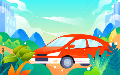 Fototapeta Naklejka Na Ścianę i Meble -  People travel in cars after vacation with various plants and buildings in the background, vector illustration