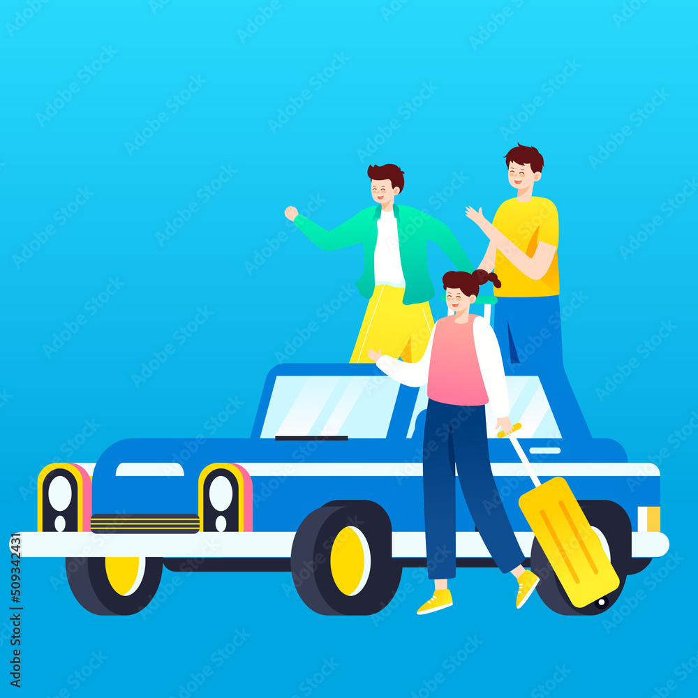 People travel in cars after vacation with various plants and buildings in the background, vector illustration