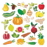 A set of products vegetarianism, healthy eating. Fruits, vegetables, nuts and greens. Cartoon flat vector illustration isolated background.