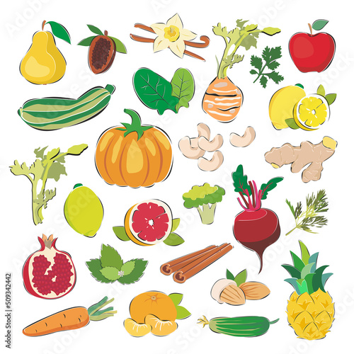 A set of products vegetarianism, healthy eating. Fruits, vegetables, nuts and greens. Cartoon flat vector illustration isolated background.
