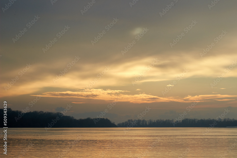 Winter landscape of the Danube river in the early morning