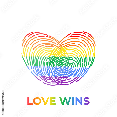 Conceptual logo with fingerprint rainbow heart. Simple flat icon with thumb stamp in LGBT flag colors. Symbol of support for gays and lesbians. Fingerprint sign for posters, flyers or prints