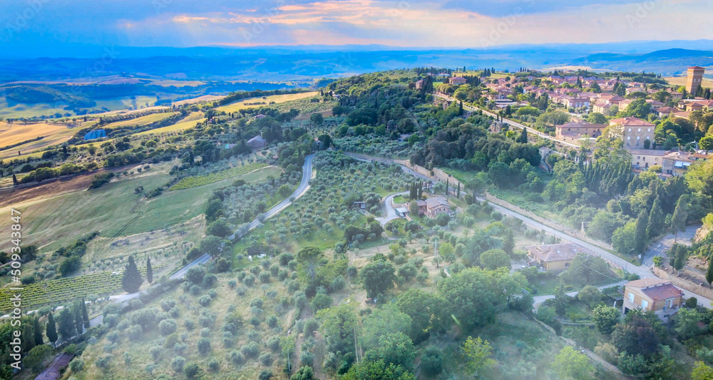 Pienza, Tuscany. Aerial view at sunset of famous medieval town