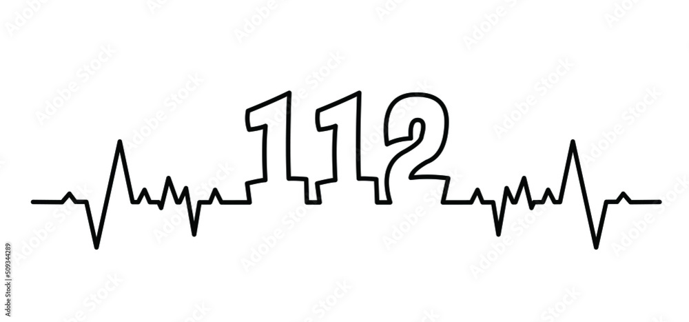 Cartoon heartbeat line pulse. In Case Of Emergency. Call 112. Helpline number Day. SOS symbool Safety first Medical logo Vector icon, symbol. Distress signal. Alarm, help location pincall phone.