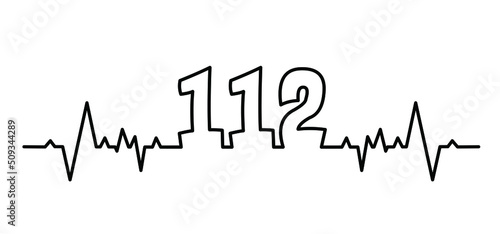 Cartoon heartbeat line pulse. In Case Of Emergency. Call 112. Helpline number Day. SOS symbool Safety first Medical logo Vector icon, symbol. Distress signal. Alarm, help location pincall phone.