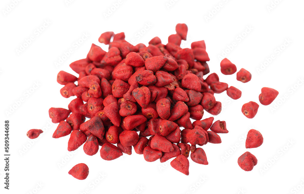 Annatto seeds, isolated on a white background. Achiote seeds, bixa orellana. Natural dye for cooking and food. Close-up. Top view. Annatto seeds, isolated on a white background. Achiote seeds, bixa orellana. Natural dye for cooking and food. Close-up. Top view.