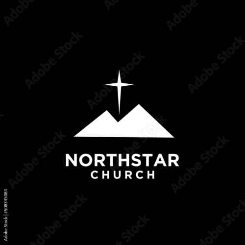 North star church with mountain and cross star logo