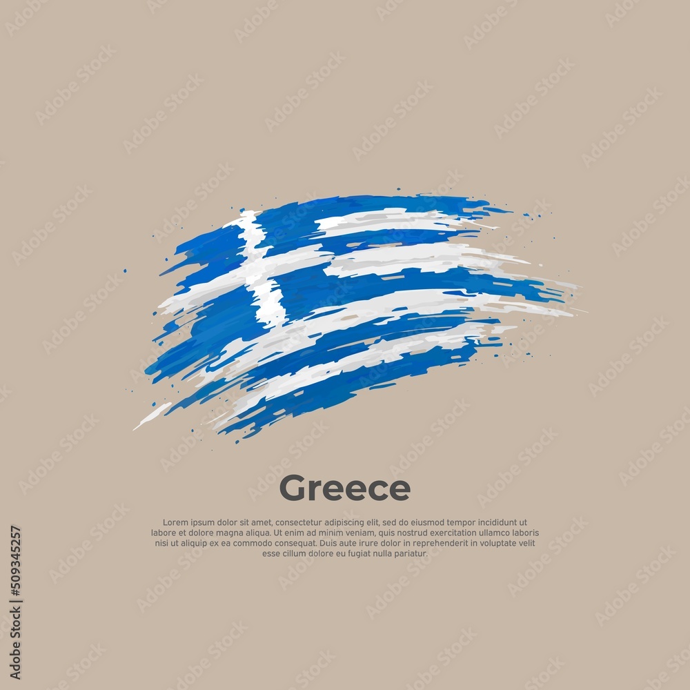 Greece flag. Brush painted greek flag on a white background. Brush strokes. Vector design national poster, template. Place for text.  State patriotic banner of greece, cover. Copy space