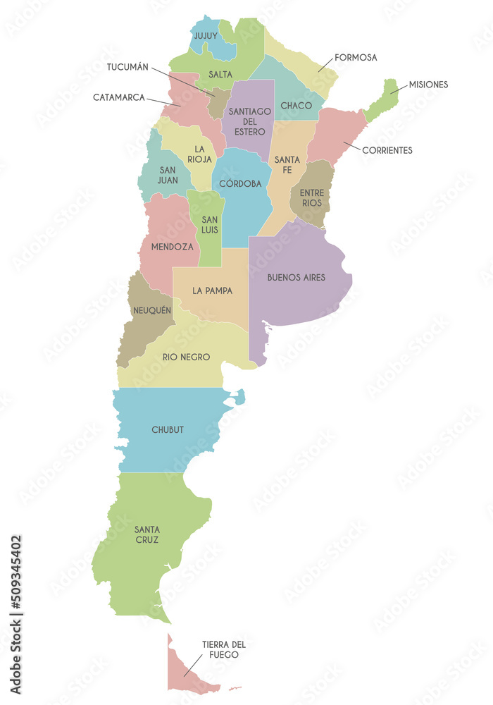 Vector map of Argentina with provinces or federated states and administrative divisions. Editable and clearly labeled layers.