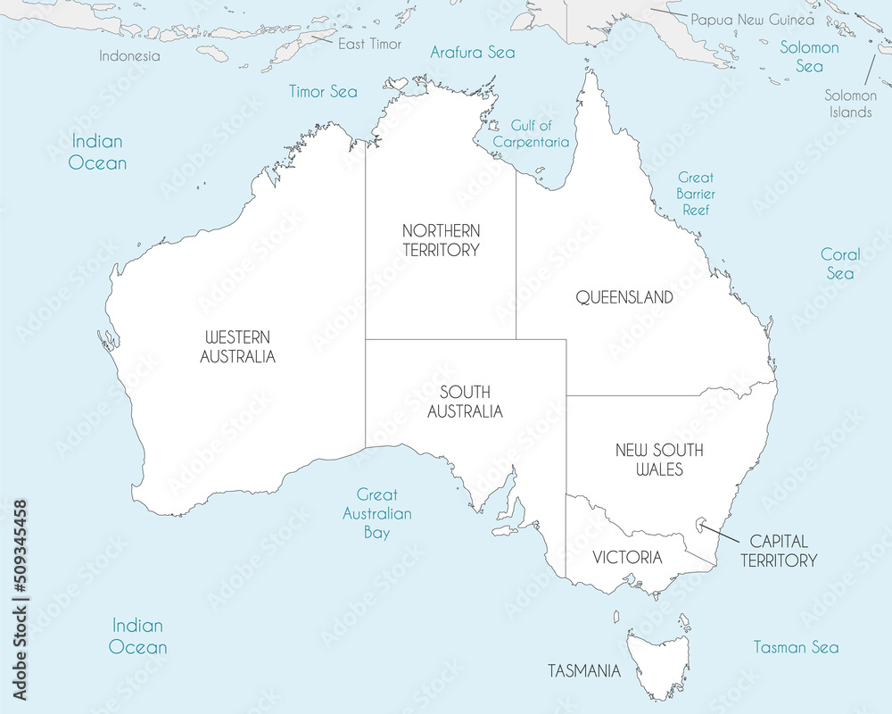 Vector map of Australia with regions and administrative divisions, and neighbouring countries and territories. Editable and clearly labeled layers.