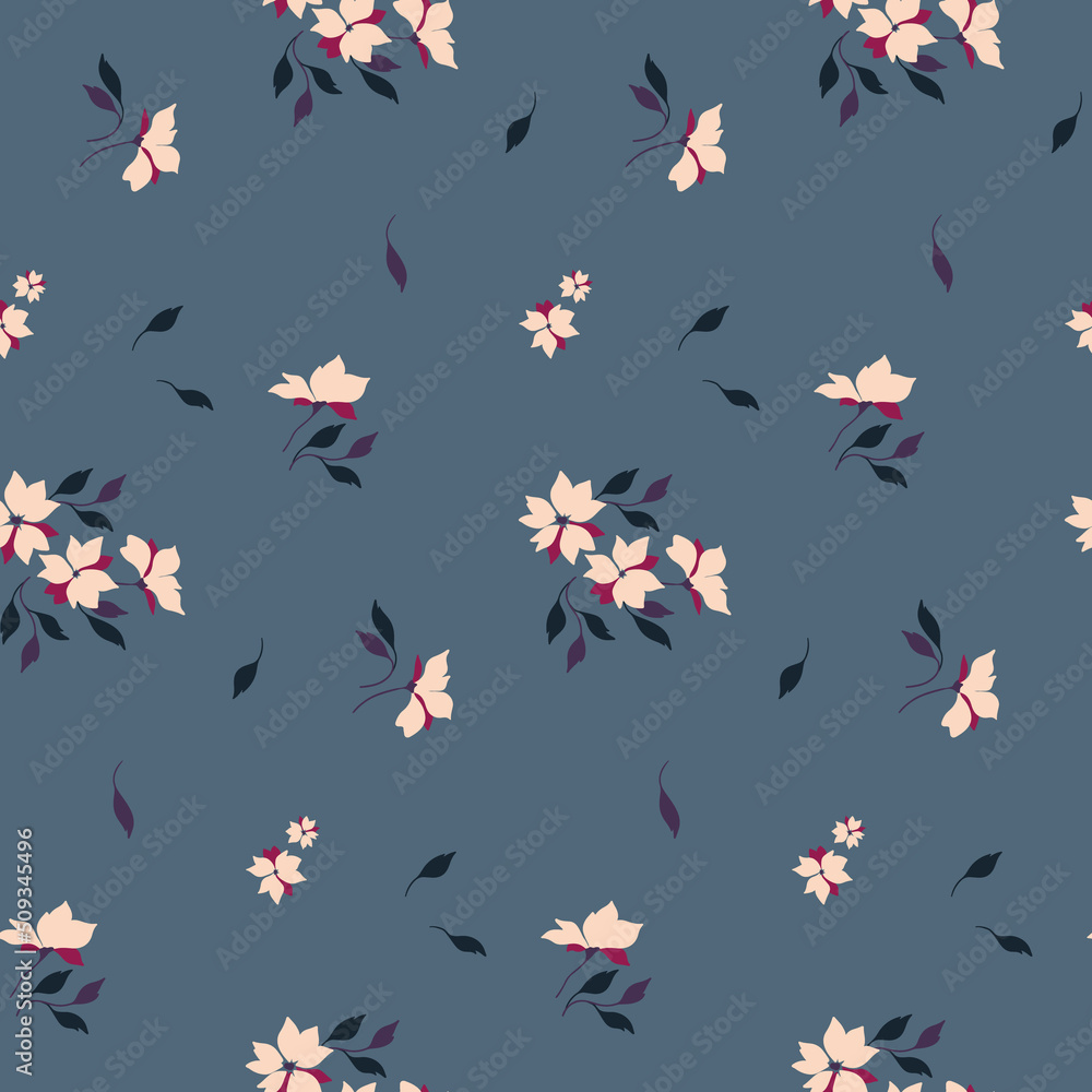 Seamless pattern with small sparse plants on a blue background. Vintage floral print, feminine botanical design with rustic tiny flowers, leaves. Vector illustration.