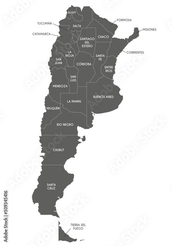 Vector map of Argentina with provinces or federated states and administrative divisions. Editable and clearly labeled layers.