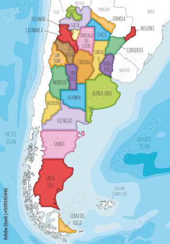 Vector illustrated map of Argentina with provinces or federated states and administrative divisions, and neighbouring countries and territories. Editable and clearly labeled layers. photo