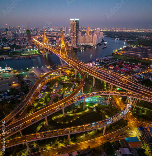 Aerial view of Bhumibol Bridge in Samut Prakan  Bangkok  Thailand