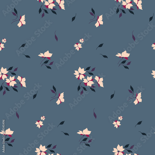 Seamless pattern with small sparse plants on a blue background. Vintage floral print, feminine botanical design with rustic tiny flowers, leaves. Vector illustration.