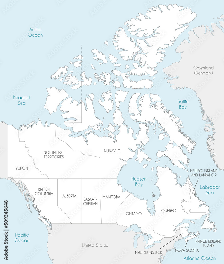 Vector map of Canada with provinces and territories and administrative divisions, and neighbouring countries and territories. Editable and clearly labeled layers.