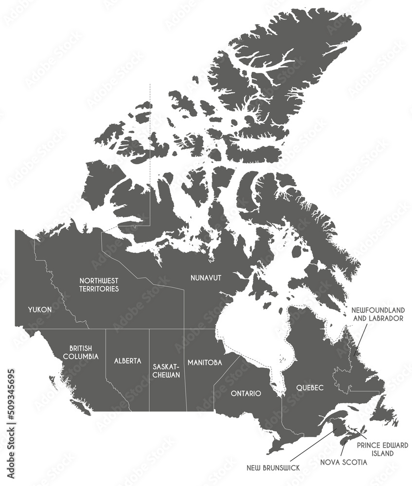 Vector map of Canada with provinces and territories and administrative divisions. Editable and clearly labeled layers.