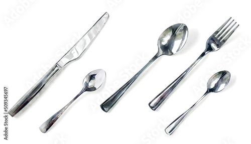 Watercolor silverware. Set of spoons knife and fork. Hand drawn realistic illustration with five tableware items. Shiny metal kitchen items isolated on white