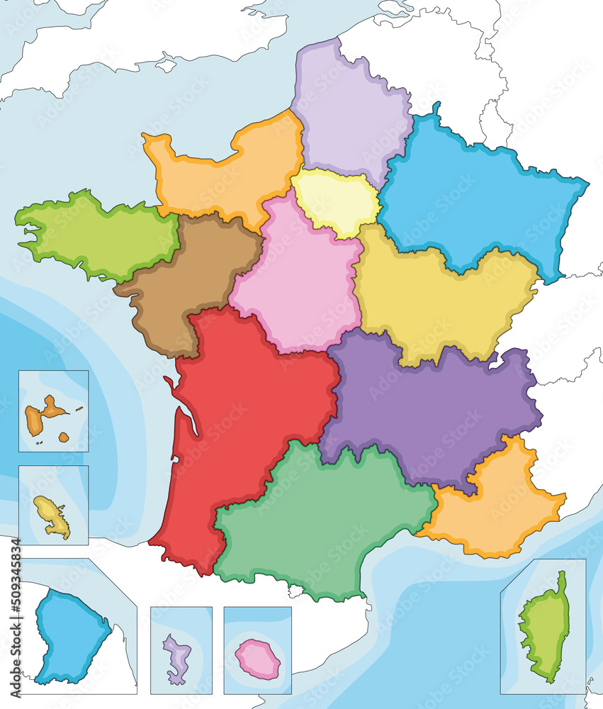 Vector illustrated blank map of France with regions and territories and administrative divisions, and neighbouring countries. Editable and clearly labeled layers.