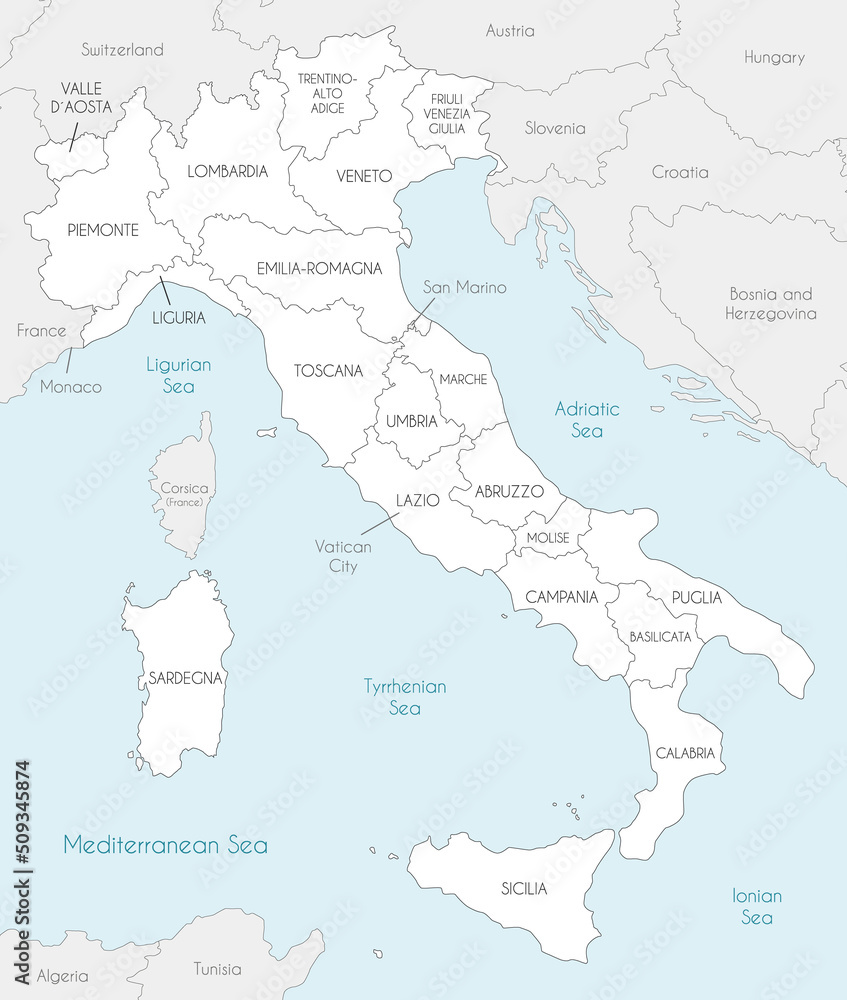 Vector map of Italy with regions and administrative divisions, and neighbouring countries and territories. Editable and clearly labeled layers.