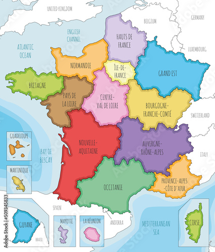 Fototapeta Naklejka Na Ścianę i Meble -  Vector illustrated map of France with regions and territories and administrative divisions, and neighbouring countries. Editable and clearly labeled layers.