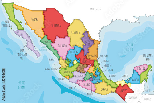 Vector illustrated map of Mexico with regions or states and administrative divisions, and neighbouring countries. Editable and clearly labeled layers. © asantosg