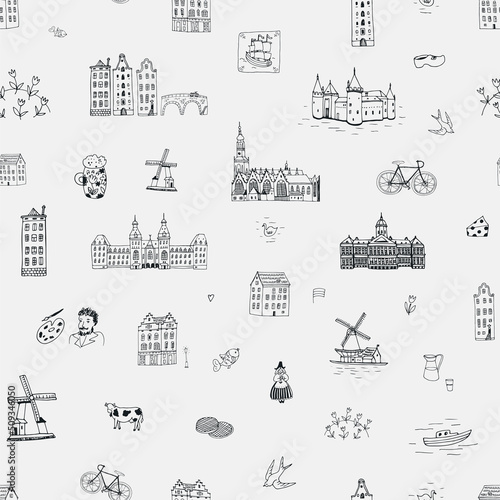 Amsterdam Holland travel vector seamless pattern