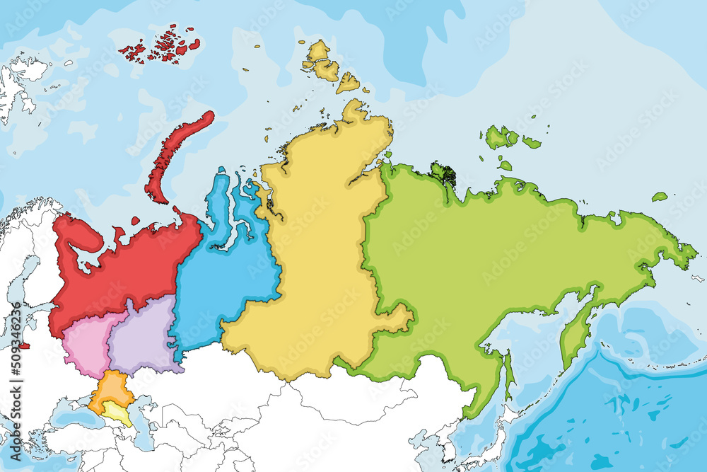 Vector illustrated blank map of Russia with regions or federal districts and administrative divisions, and neighbouring countries. Editable and clearly labeled layers.