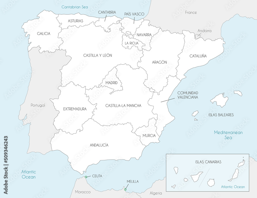 Vector map of Spain with regions and territories and administrative divisions, and neighbouring countries. Editable and clearly labeled layers.
