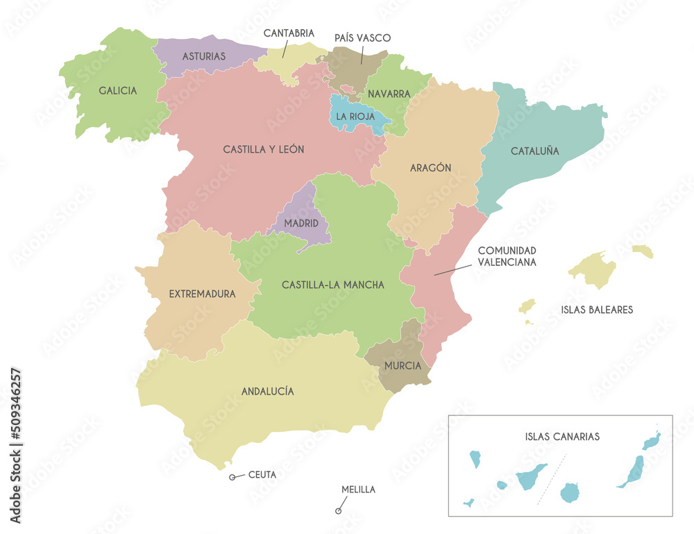 Vector map of Spain with regions and territories and administrative divisions. Editable and clearly labeled layers.