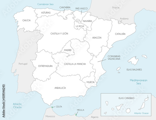 Vector map of Spain with regions and territories and administrative divisions, and neighbouring countries. Editable and clearly labeled layers.