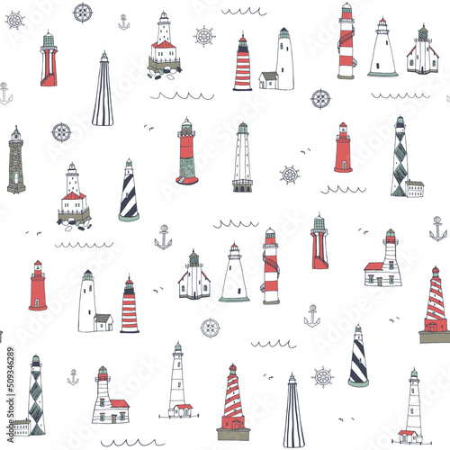 Lighthouse sea vector seamless pattern