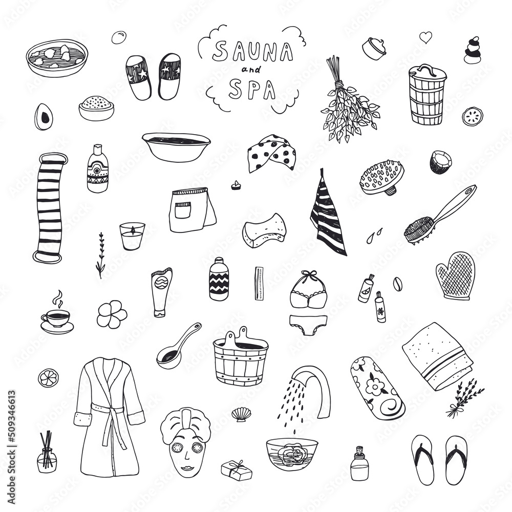 Bathroom sauna and spa objects vector line illustrations set Bathroom sauna and spa objects vector line illustrations set