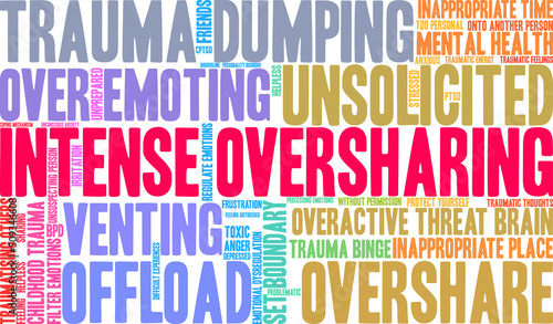 Intense Oversharing Word Cloud on a white background. 