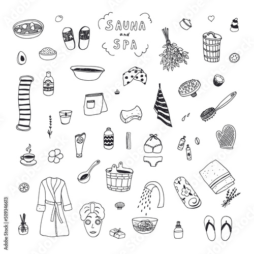 Bathroom sauna and spa objects vector line illustrations set