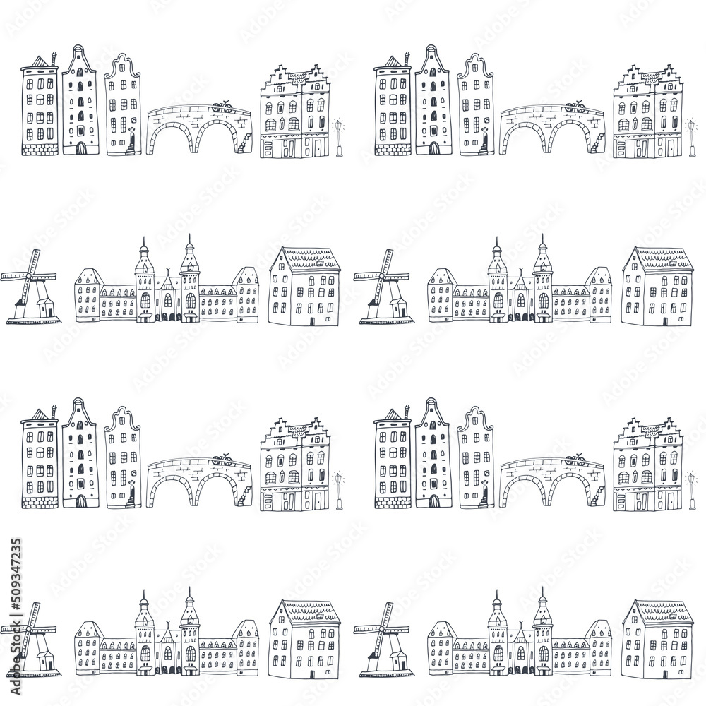 Amsterdam Holland travel vector seamless pattern
