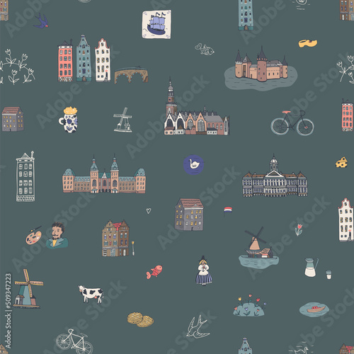 Amsterdam Holland travel vector seamless pattern