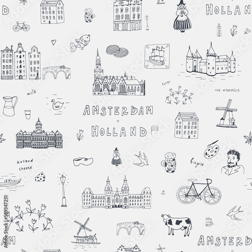 Amsterdam Holland travel vector seamless pattern